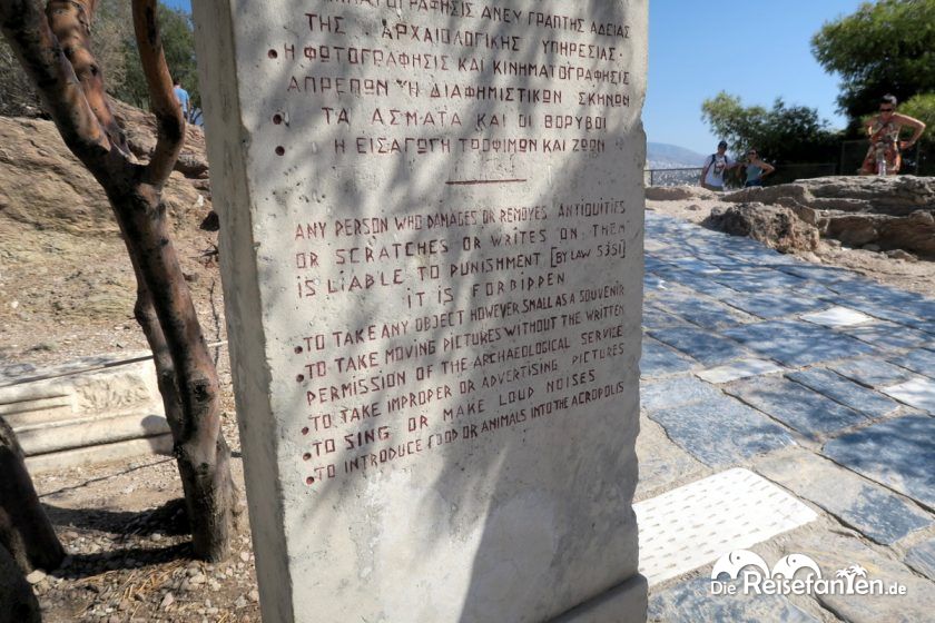 Verhaltensregeln für die Akropolis in Athen