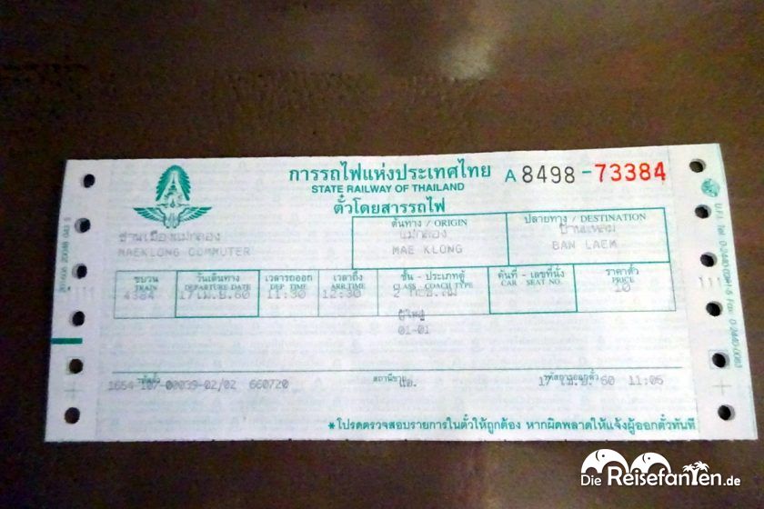 Fahrkarte für den Zug vom Mae Klong Markt