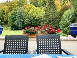 Terrasse des Cafe Gruber mit Blick in die Natur